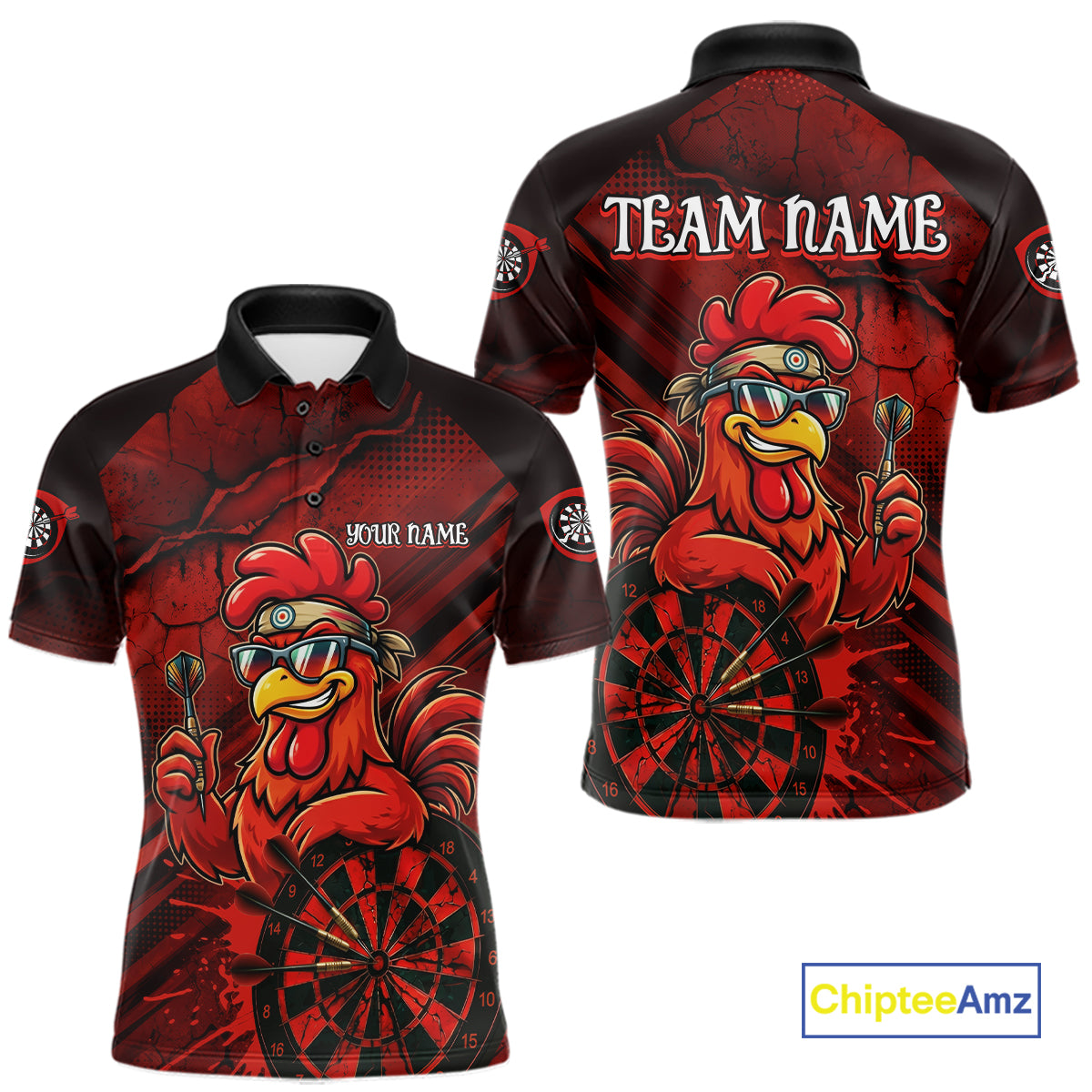 Red Splatter Rooster Darts Polo & 1/4-Zip Shirt For Men Custom Funny Dart Jersey For Darters NYN3005