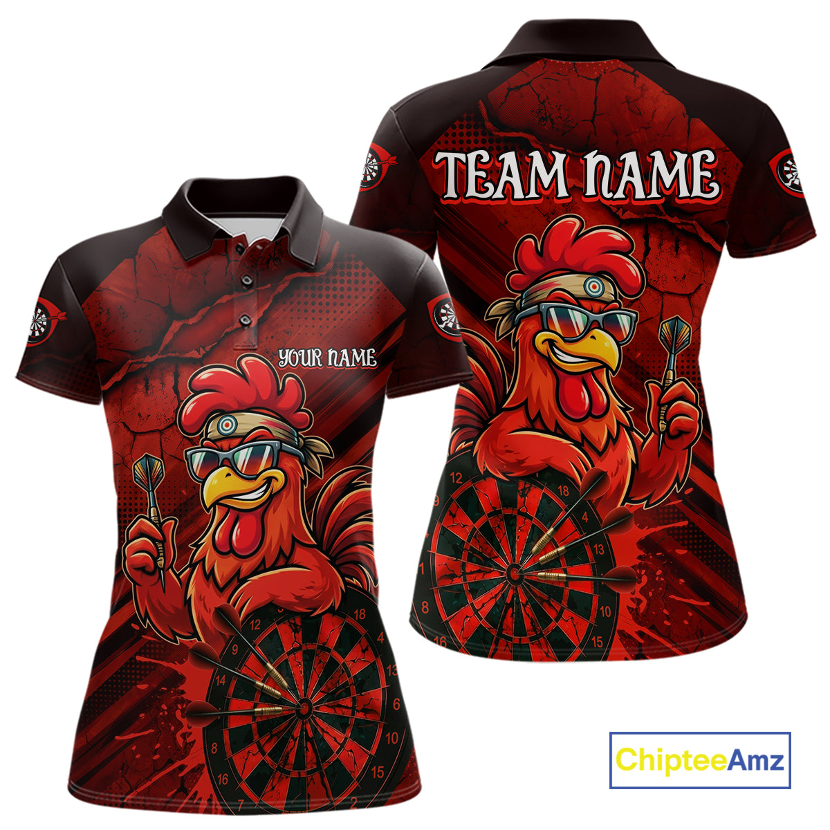 Red Splatter Rooster Darts Polo & 1/4-Zip Shirt For Women Custom Funny Dart Jersey For Darters NYN3005