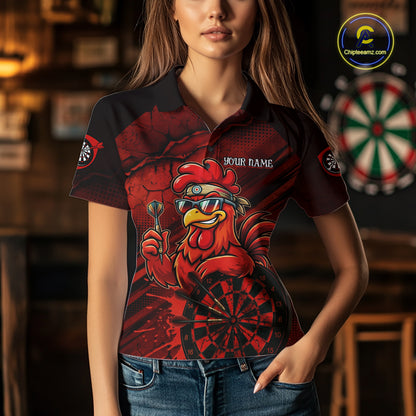 Red Splatter Rooster Darts Polo & 1/4-Zip Shirt For Women Custom Funny Dart Jersey For Darters NYN3005