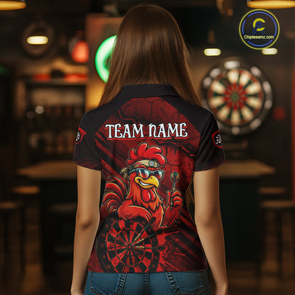 Red Splatter Rooster Darts Polo & 1/4-Zip Shirt For Women Custom Funny Dart Jersey For Darters NYN3005