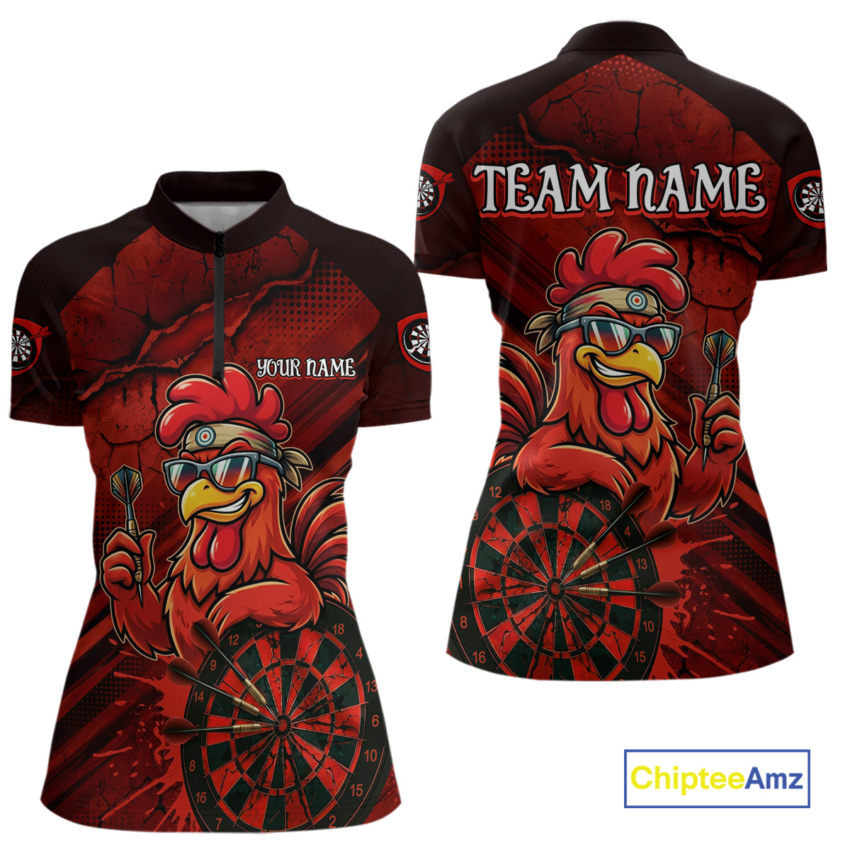 Red Splatter Rooster Darts Polo & 1/4-Zip Shirt For Women Custom Funny Dart Jersey For Darters NYN3005