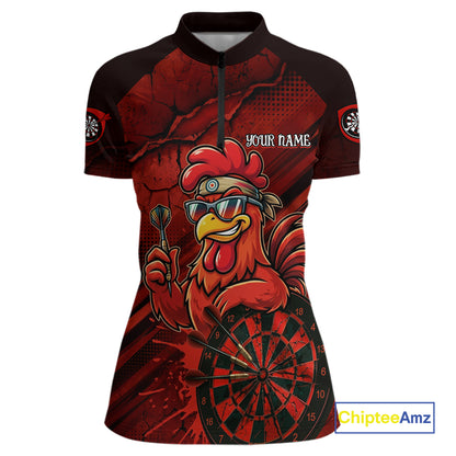 Red Splatter Rooster Darts Polo & 1/4-Zip Shirt For Women Custom Funny Dart Jersey For Darters NYN3005