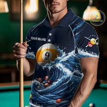 Load image into Gallery viewer, Male model wearing Funny Shark Blue pool polo jersey, custom billiard apparel, 8 Ball 9 Ball cue sports shirt, bar league championship uniform