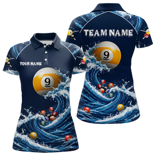 Blue Waving women's 9 Ball pool polo shirt, custom billiard team apparel, cue sports jersey, tournament uniform, league championship clothing