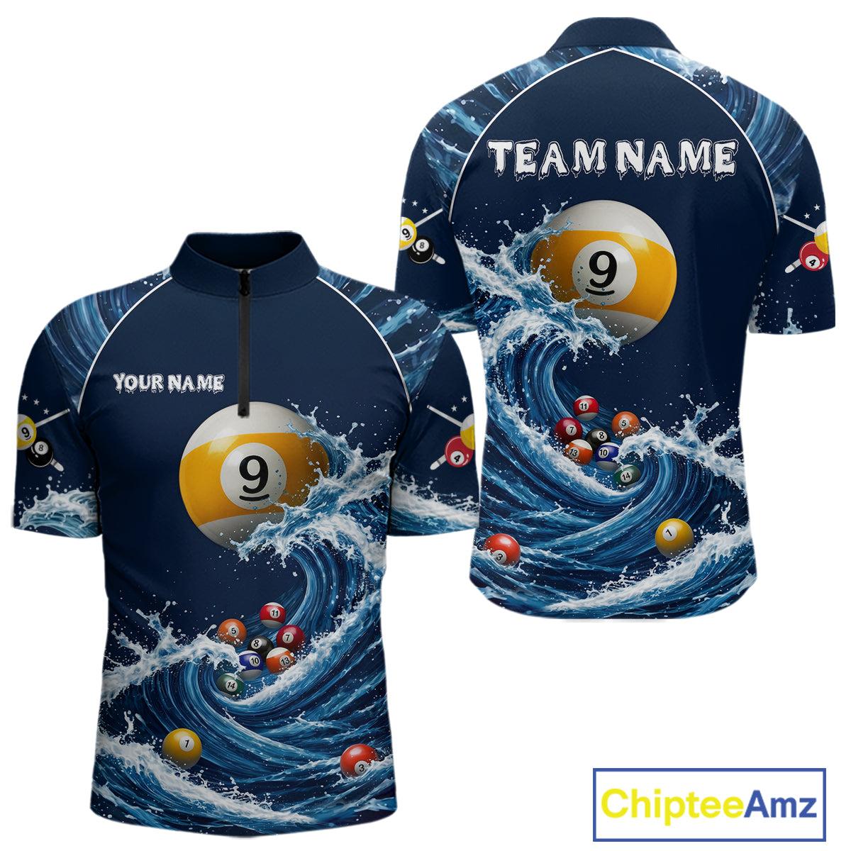 Funny Shark Blue men's quarter zip pool jersey featuring shark graphics, personalized billiards team apparel, cue sport tournament clothing