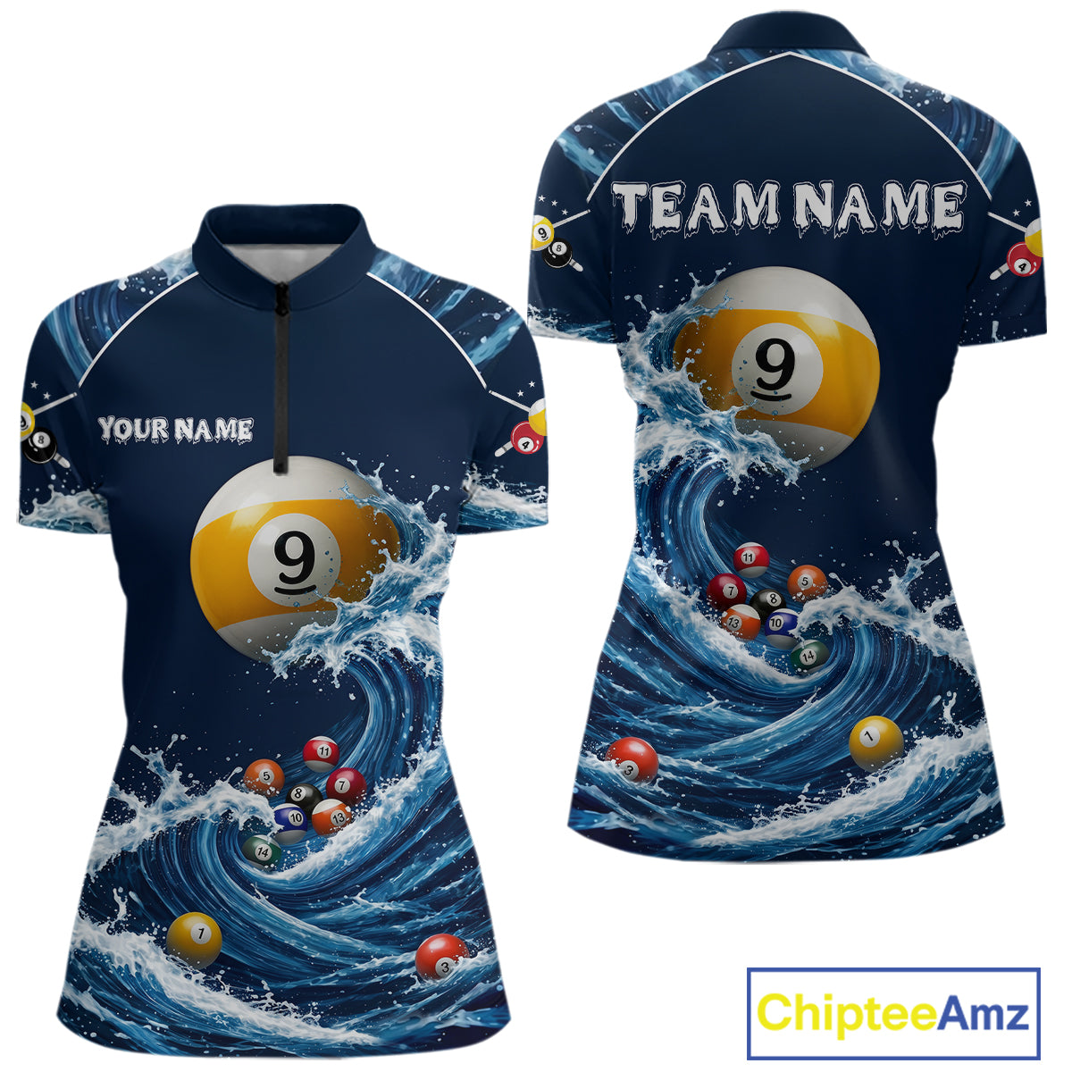 Funny Shark Blue women's quarter zip billiard jersey, 8 Ball 9 Ball pool shirt, custom cue sports tournament apparel, personalized league uniform