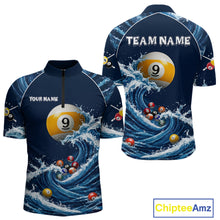 Load image into Gallery viewer, Funny Shark Blue men's quarter zip pool jersey featuring shark graphics, personalized billiards team apparel, cue sport tournament clothing