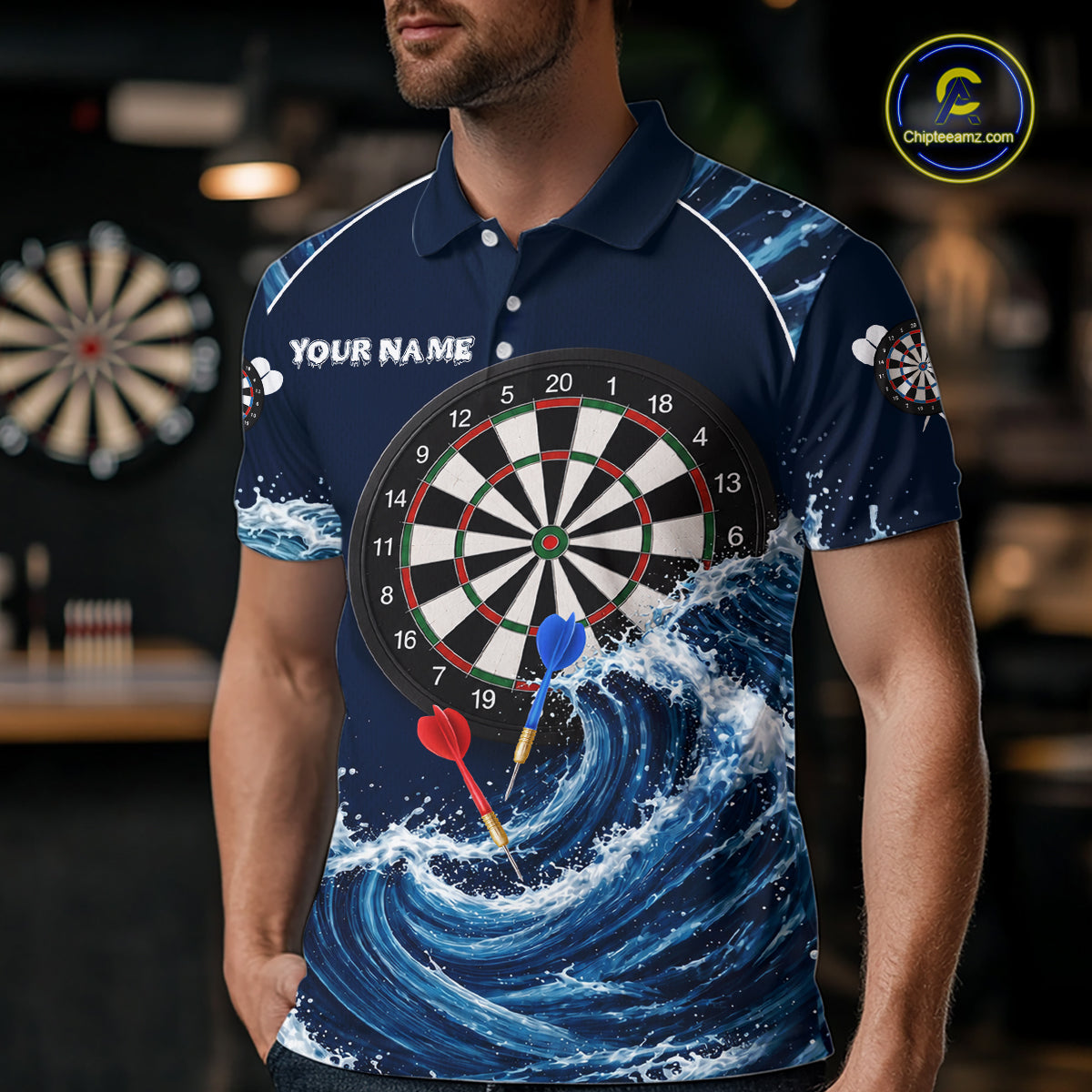 Male model wearing Blue Waving darts polo, personalized tournament jersey, custom dart league clothing, championship athletic performance wear