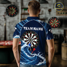 Load image into Gallery viewer, Male model wearing Blue Waving darts polo, personalized tournament jersey, custom dart league clothing, championship athletic performance wear
