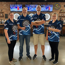 Load image into Gallery viewer, Matching Blue Waving darts team jerseys for men and women, custom tournament uniforms, professional league apparel, championship sportswear, precision-inspired dart team clothing