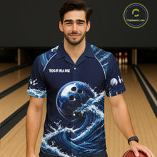 Load image into Gallery viewer, Male model wearing Blue Waving bowling tournament polo, personalized bowling league jersey, custom bowling club apparel, athletic performance shirt, championship-inspired bowling uniform