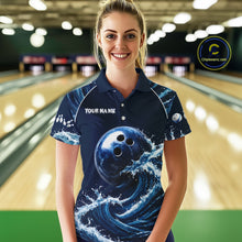 Load image into Gallery viewer, Female model wearing Blue Waving bowling polo, custom women's bowling team jersey, league tournament apparel, moisture-wicking bowling clothing, personalized sports uniform