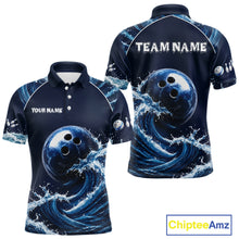 Load image into Gallery viewer, Blue Waving men's bowling polo with dynamic wave bowling ball artwork, custom bowling team shirt, personalized tournament jersey, league bowling apparel, bowling club uniform, performance sports polo