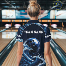 Load image into Gallery viewer, Female model wearing Blue Waving bowling polo, custom women's bowling team jersey, league tournament apparel, moisture-wicking bowling clothing, personalized sports uniform