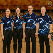 Load image into Gallery viewer, Matching Blue Waving bowling team uniforms for men and women, custom bowling league jerseys, bowling tournament apparel, championship sportswear, bowling club clothing, team spirit performance uniforms