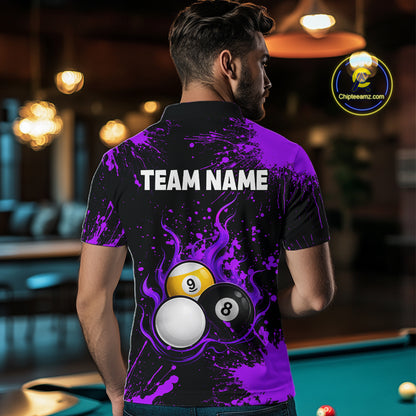 Purple Splatter Flame 8 Ball & 9 Ball Pool Polo 1/4-Zip Shirt For Men Personalized Billiard Team Apparel NYN3973