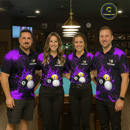 Purple Splatter Flame 8 Ball & 9 Ball Pool Polo 1/4-Zip Shirt For Women Personalized Billiard Team Apparel NYN3973