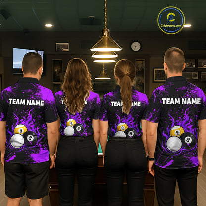 Purple Splatter Flame 8 Ball & 9 Ball Pool Polo 1/4-Zip Shirt For Women Personalized Billiard Team Apparel NYN3973