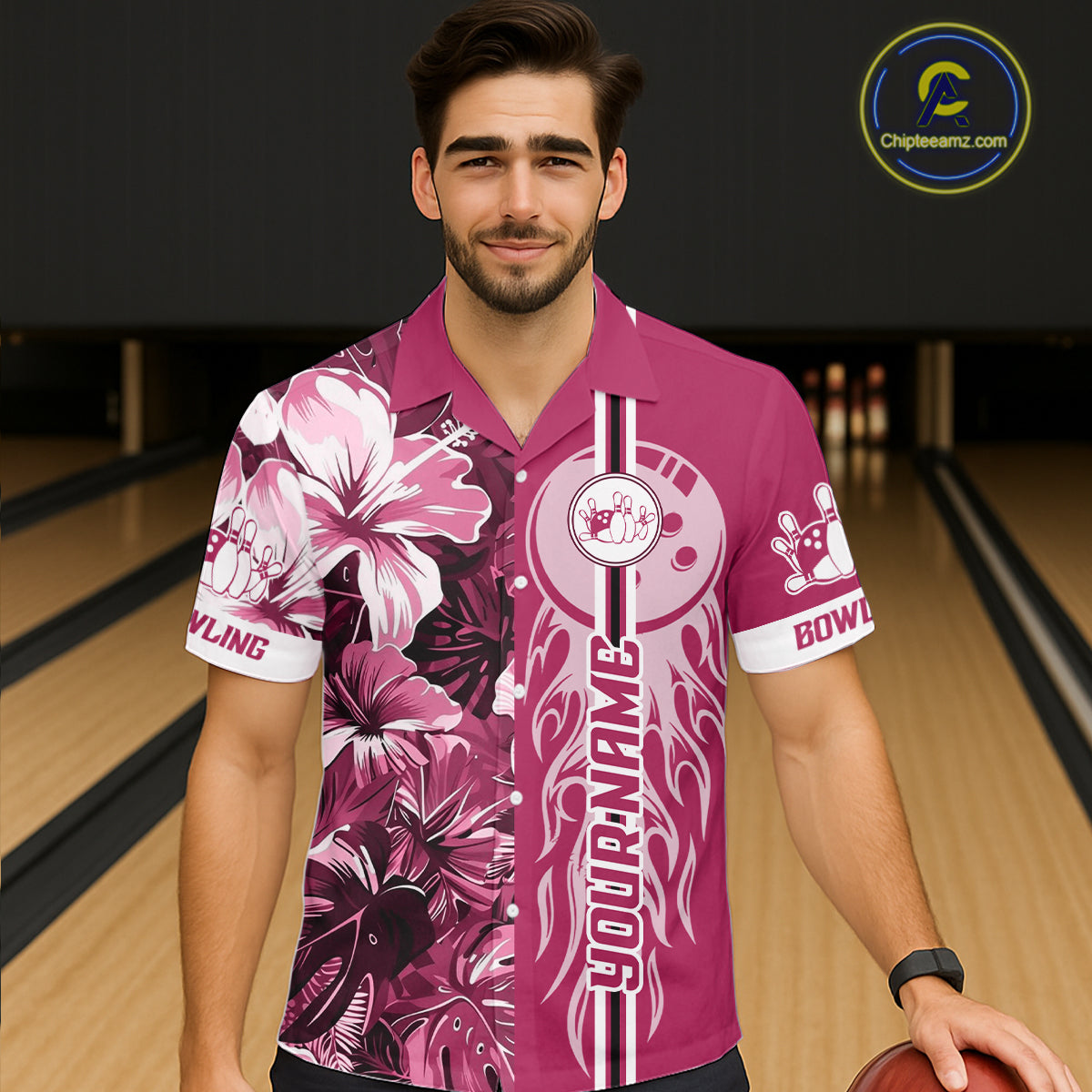 Pink Tropical Flower Flame Bowling Polo Quarter Zip Shirts For Men Custom Bowler Gift Bowling Team NYN4756