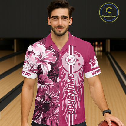 Pink Tropical Flower Flame Bowling Polo Quarter Zip Shirts For Men Custom Bowler Gift Bowling Team NYN4756