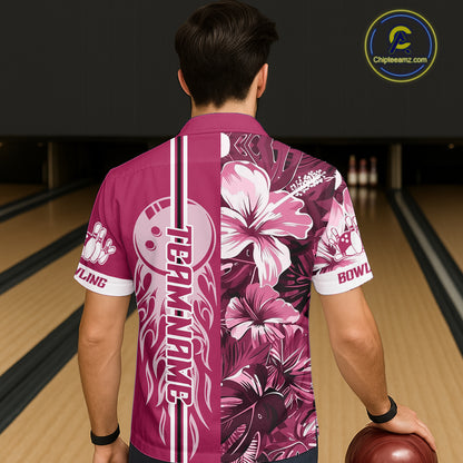 Pink Tropical Flower Flame Bowling Polo Quarter Zip Shirts For Men Custom Bowler Gift Bowling Team NYN4756