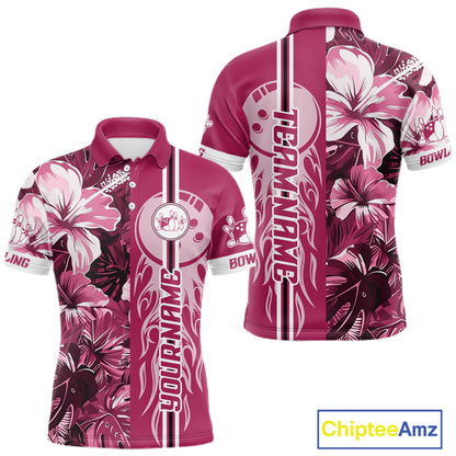 Pink Tropical Flower Flame Bowling Polo Quarter Zip Shirts For Men Custom Bowler Gift Bowling Team NYN4756