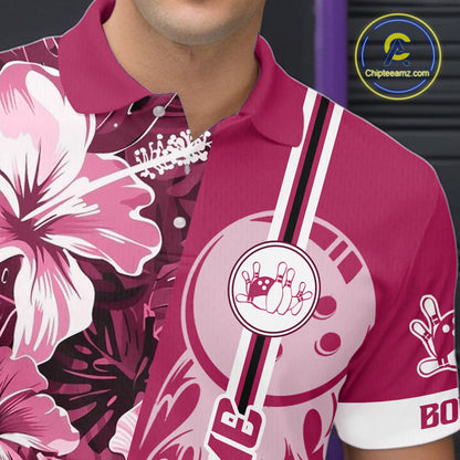 Pink Tropical Flower Flame Bowling Polo Quarter Zip Shirts For Men Custom Bowler Gift Bowling Team NYN4756