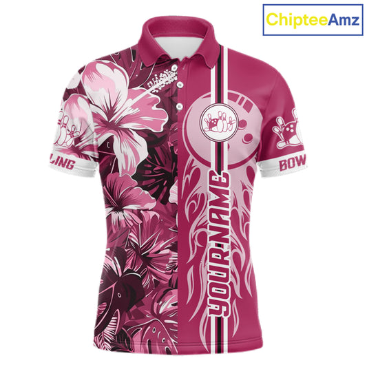 Pink Tropical Flower Flame Bowling Polo Quarter Zip Shirts For Men Custom Bowler Gift Bowling Team NYN4756