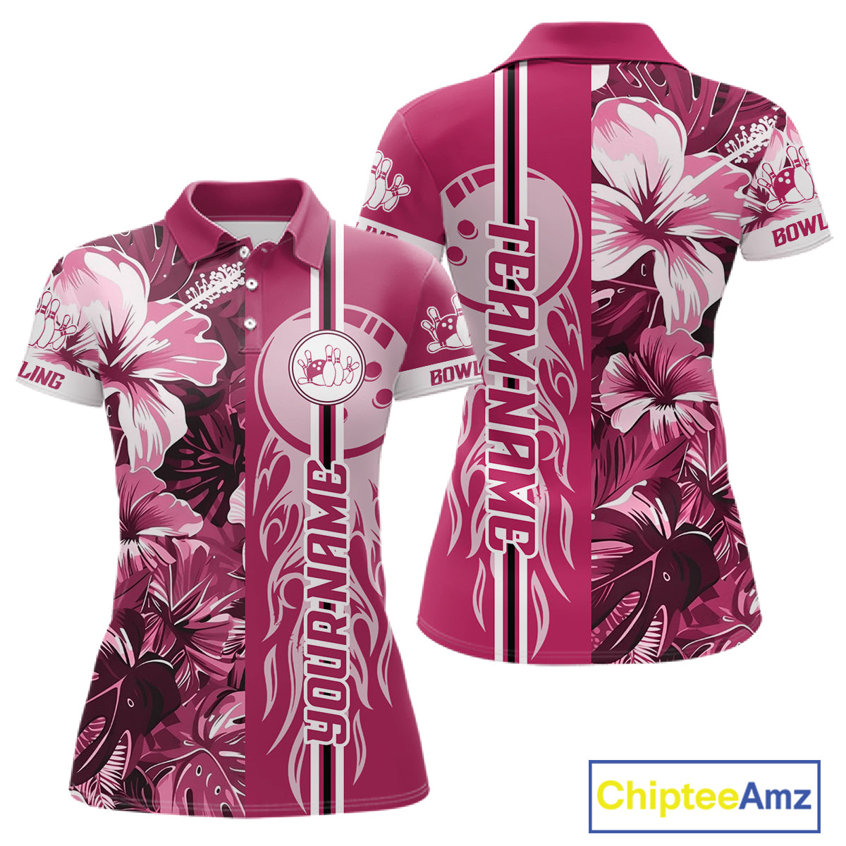 Pink Tropical Flower Flame Bowling Polo Quarter Zip Shirts For Women Custom Bowler Gift Bowling Team NYN4756