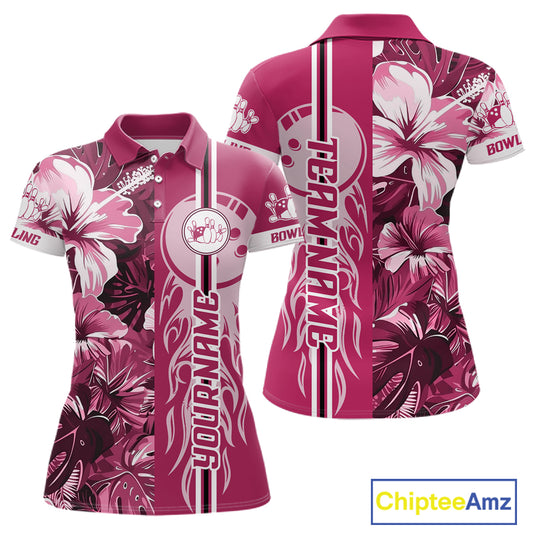 Pink Tropical Flower Flame Bowling Polo Quarter Zip Shirts For Women Custom Bowler Gift Bowling Team NYN4756
