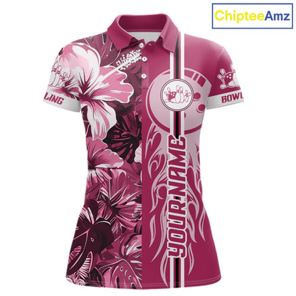 Pink Tropical Flower Flame Bowling Polo Quarter Zip Shirts For Women Custom Bowler Gift Bowling Team NYN4756