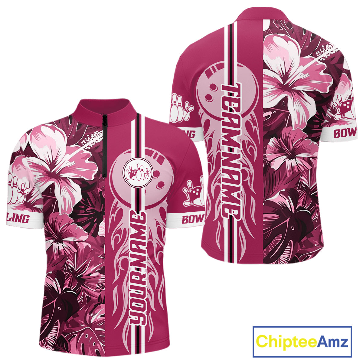 Pink Tropical Flower Flame Bowling Polo Quarter Zip Shirts For Men Custom Bowler Gift Bowling Team NYN4756