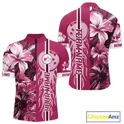 Pink Tropical Flower Flame Bowling Polo Quarter Zip Shirts For Men Custom Bowler Gift Bowling Team NYN4756