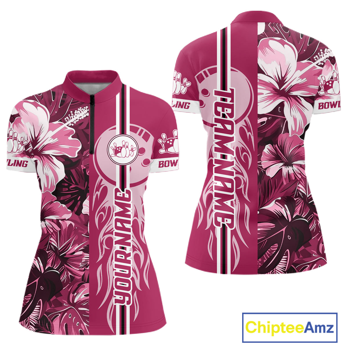 Pink Tropical Flower Flame Bowling Polo Quarter Zip Shirts For Women Custom Bowler Gift Bowling Team NYN4756