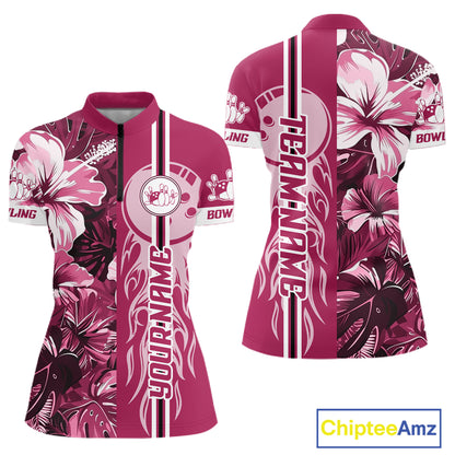 Pink Tropical Flower Flame Bowling Polo Quarter Zip Shirts For Women Custom Bowler Gift Bowling Team NYN4756