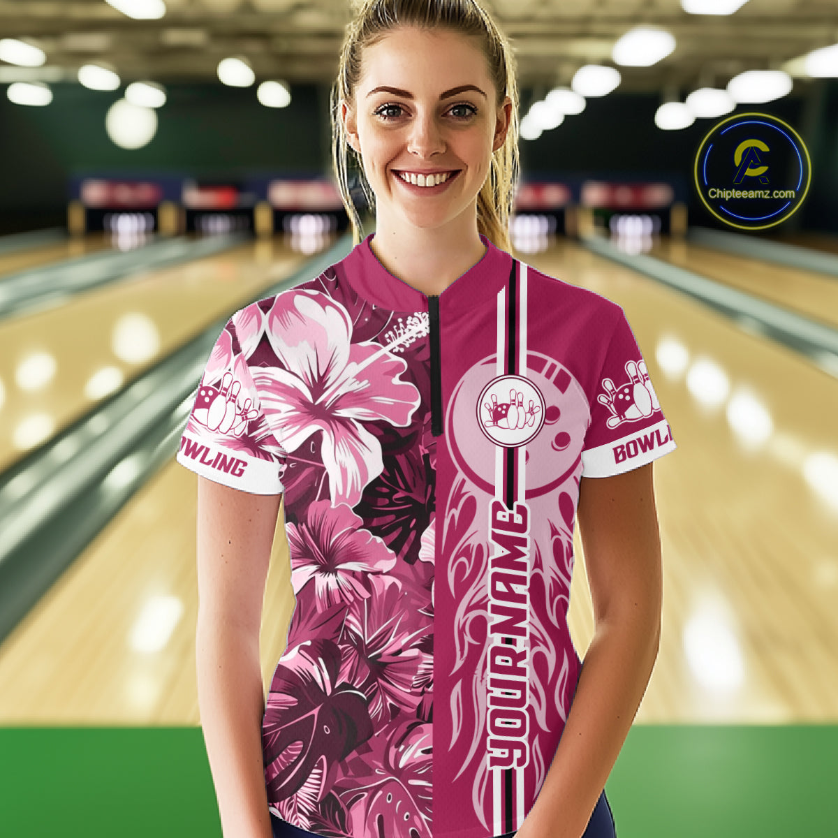 Pink Tropical Flower Flame Bowling Polo Quarter Zip Shirts For Women Custom Bowler Gift Bowling Team NYN4756