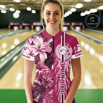 Pink Tropical Flower Flame Bowling Polo Quarter Zip Shirts For Women Custom Bowler Gift Bowling Team NYN4756