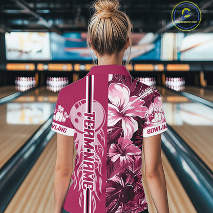 Pink Tropical Flower Flame Bowling Polo Quarter Zip Shirts For Women Custom Bowler Gift Bowling Team NYN4756