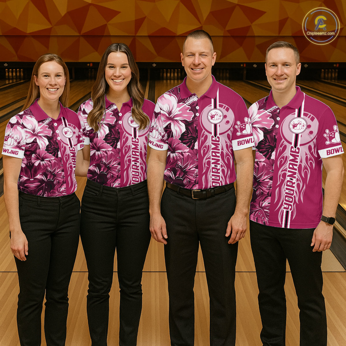 Pink Tropical Flower Flame Bowling Polo Quarter Zip Shirts For Women Custom Bowler Gift Bowling Team NYN4756