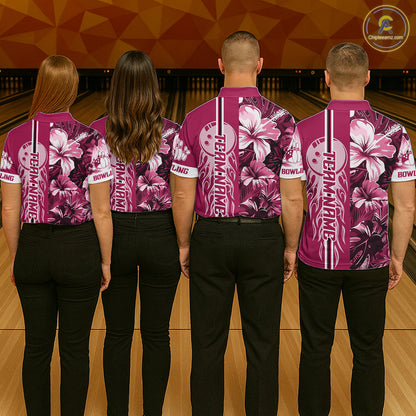 Pink Tropical Flower Flame Bowling Polo Quarter Zip Shirts For Women Custom Bowler Gift Bowling Team NYN4756
