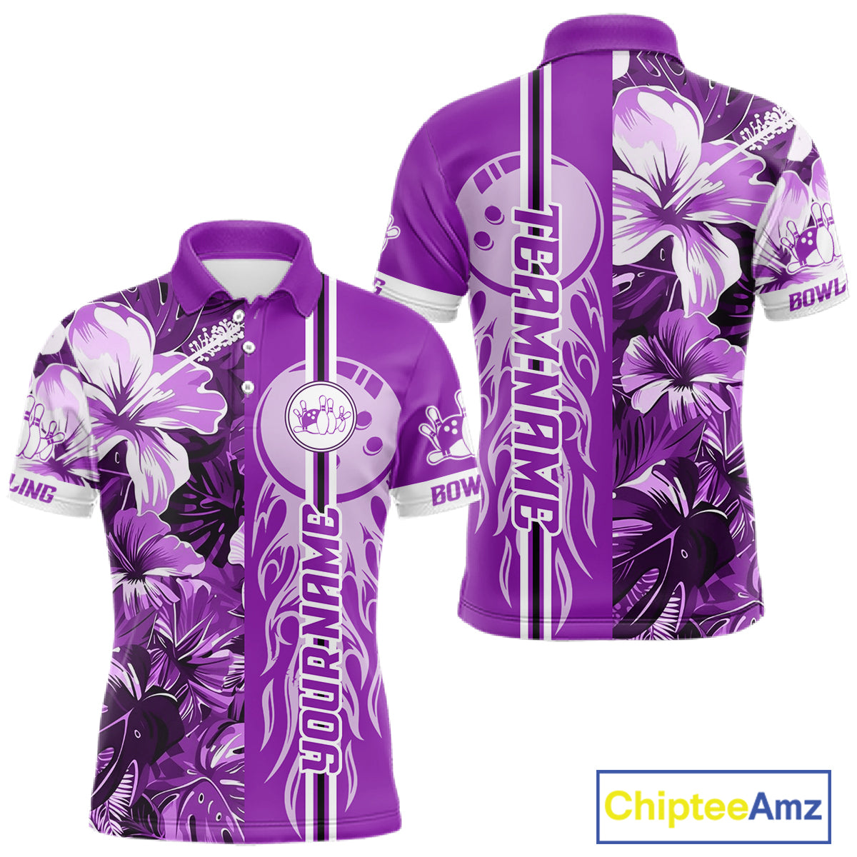 Purple Tropical Flower Flame Bowling Polo Quarter Zip Shirts For Men Custom Bowler Gift Bowling Team NYN4757
