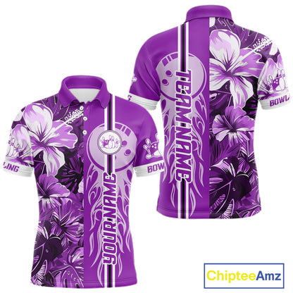 Purple Tropical Flower Flame Bowling Polo Quarter Zip Shirts For Men Custom Bowler Gift Bowling Team NYN4757
