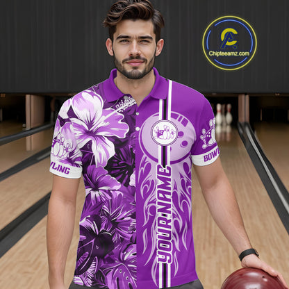 Purple Tropical Flower Flame Bowling Polo Quarter Zip Shirts For Men Custom Bowler Gift Bowling Team NYN4757