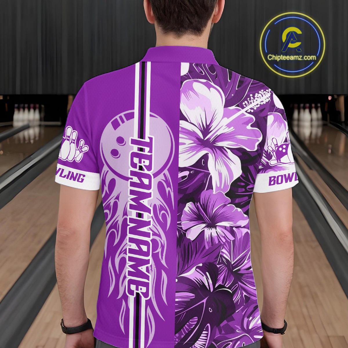 Purple Tropical Flower Flame Bowling Polo Quarter Zip Shirts For Men Custom Bowler Gift Bowling Team NYN4757