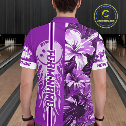 Purple Tropical Flower Flame Bowling Polo Quarter Zip Shirts For Men Custom Bowler Gift Bowling Team NYN4757