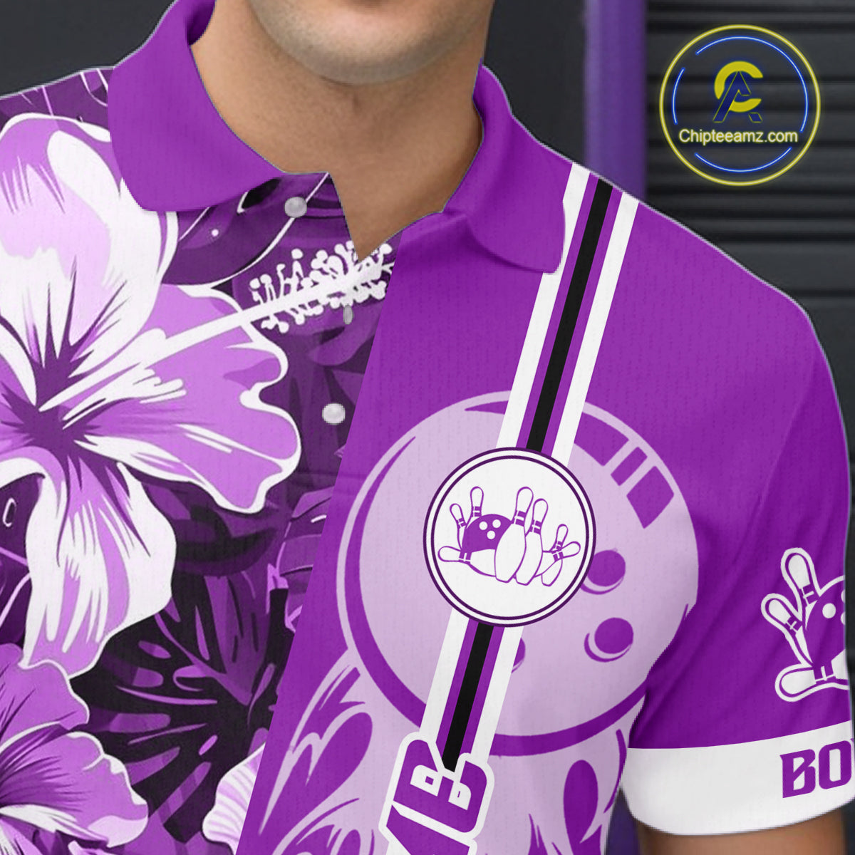 Purple Tropical Flower Flame Bowling Polo Quarter Zip Shirts For Men Custom Bowler Gift Bowling Team NYN4757