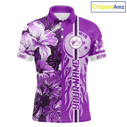 Purple Tropical Flower Flame Bowling Polo Quarter Zip Shirts For Men Custom Bowler Gift Bowling Team NYN4757