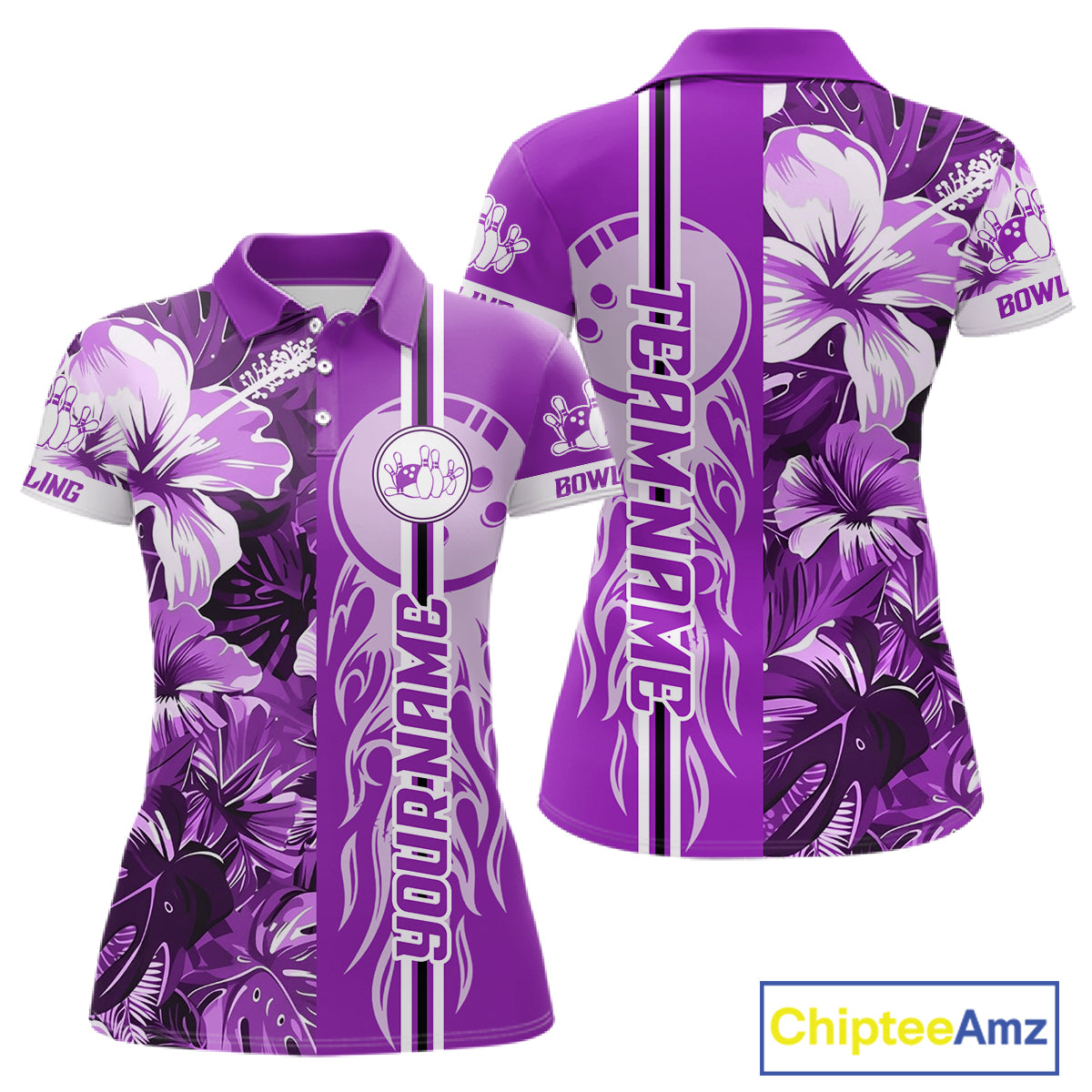 Purple Tropical Flower Flame Bowling Polo Quarter Zip Shirts For Women Custom Bowler Gift Bowling Team NYN4757