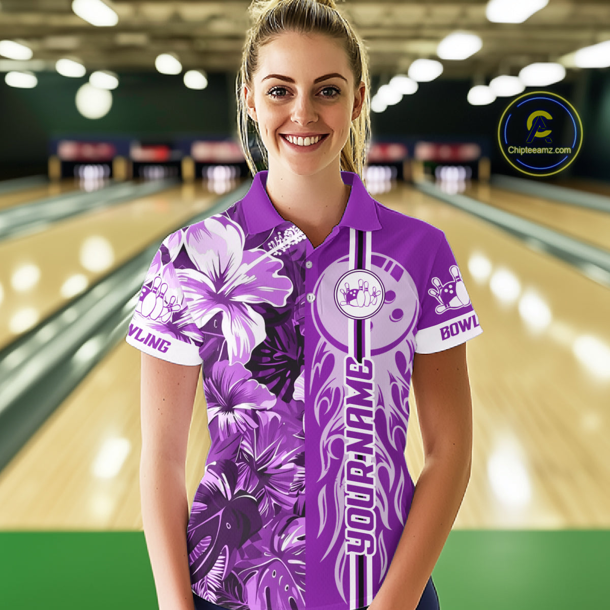Purple Tropical Flower Flame Bowling Polo Quarter Zip Shirts For Women Custom Bowler Gift Bowling Team NYN4757