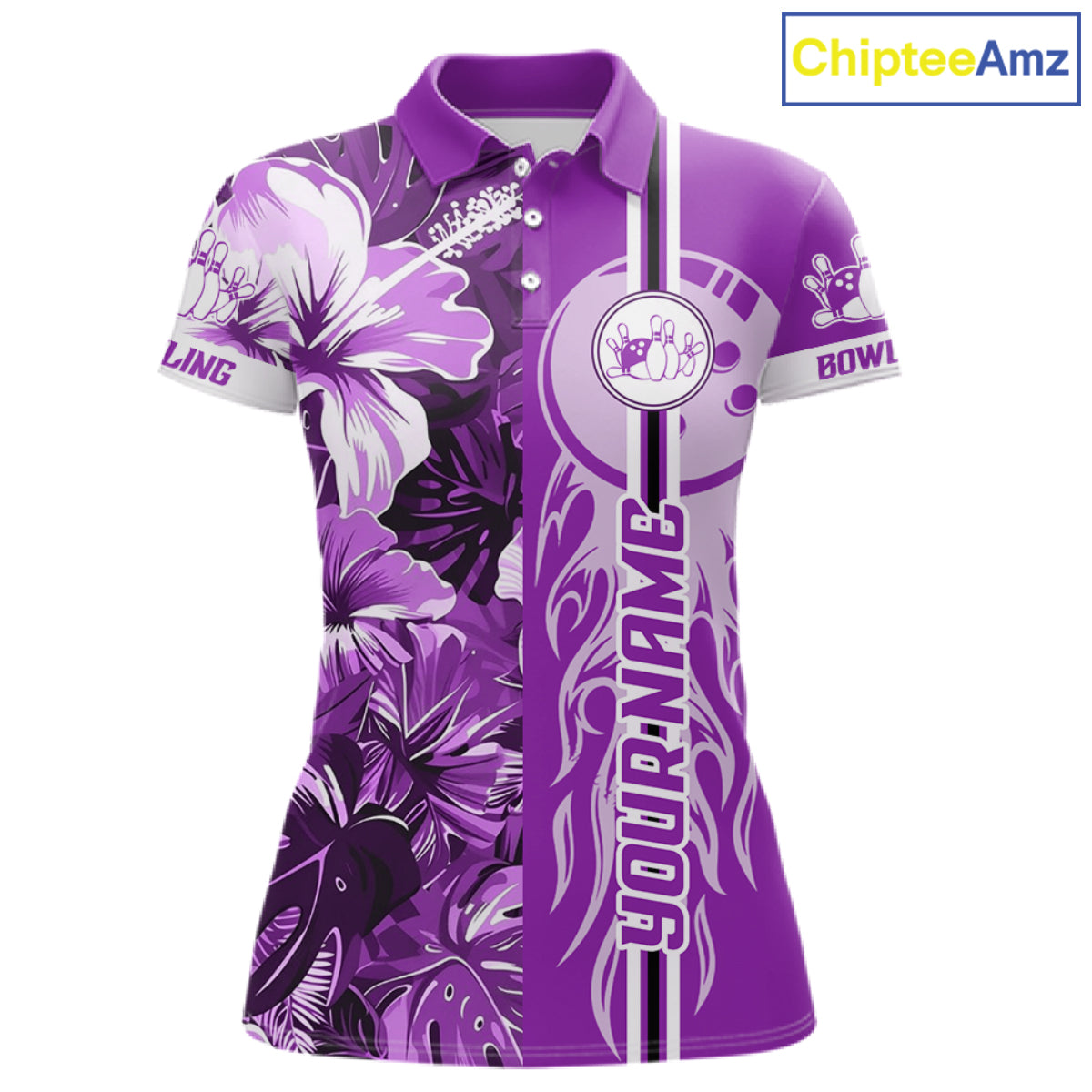 Purple Tropical Flower Flame Bowling Polo Quarter Zip Shirts For Women Custom Bowler Gift Bowling Team NYN4757